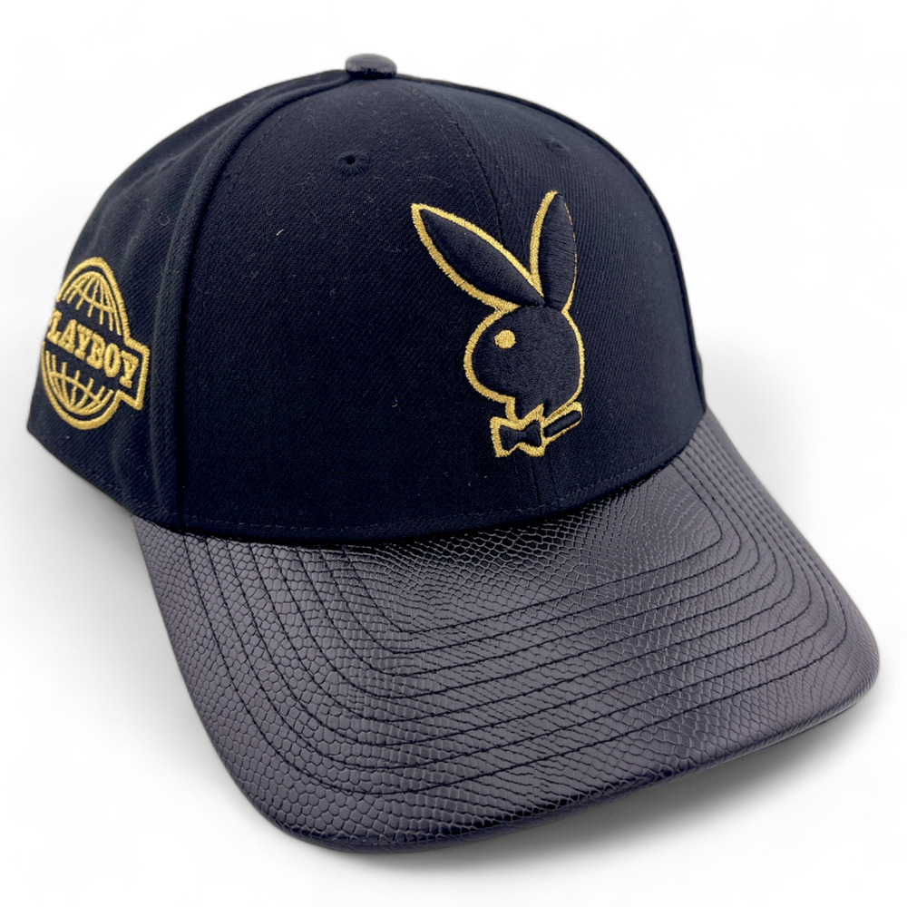 Playboy‎ Premium Bunny Leather Bill Black/Gold Adjustable Snapback Hat Cap